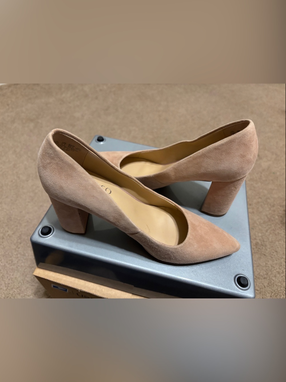 Franco Sarto Taupe Suede Block Heel Pumps